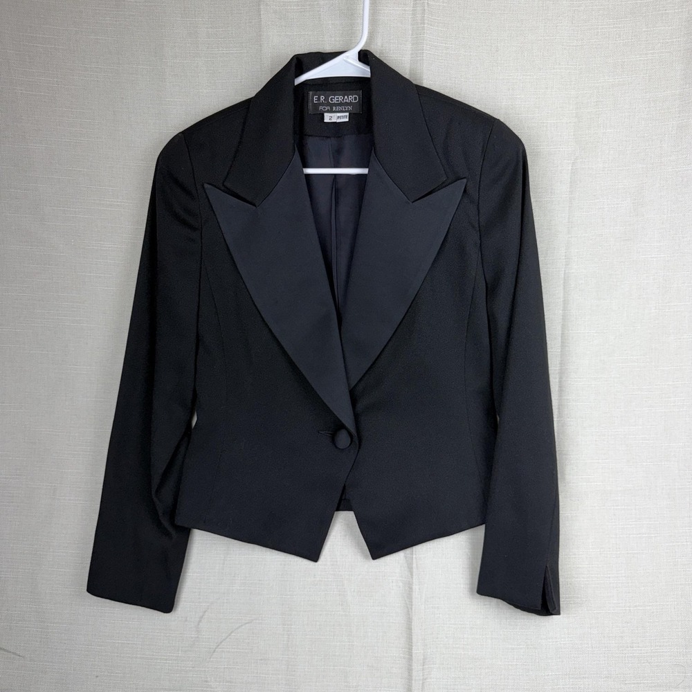 Vintage E.R. Gerard Suit Jacket Womens 2 Petite Black Tuxedo One Button USA